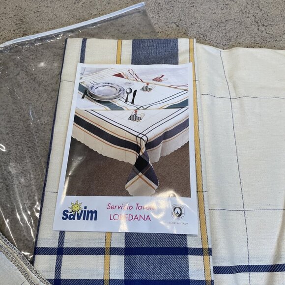 Savim Tablecloth & 6 Napkins Blue Check Rooster Chicken Cotton 56X71" Made Italy - Picture 3 of 6